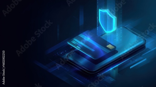 Secure Transaction: Futuristic image highlighting a secure payment and digital safety of transactions, with a focus on cyber security, digital wallet and safe payments. 