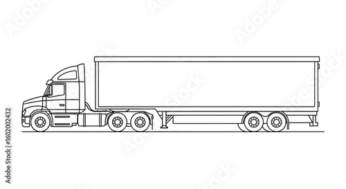 A detailed black and white outline drawing of a modern semi-truck with a large trailer. Side view vector illustration for transportation and logistics.