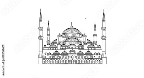 Line art illustration of a historic Ottoman imperial mosque in Istanbul. A famous architectural landmark for travel and tourism concept.