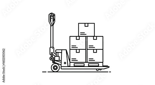 Line art illustration of a hand pallet jack loaded with cardboard boxes. Warehouse logistics and shipping concept icon.
