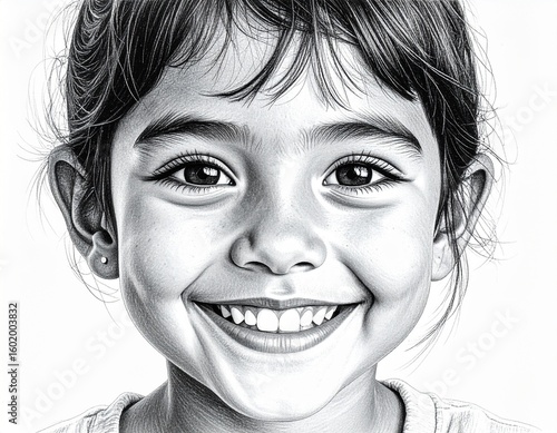 Detailed Pencil Drawing of a Young Girl's Smiling Face in Black and White