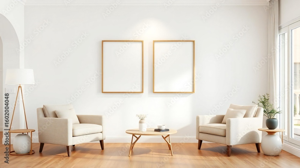 Fototapeta premium Minimalist living room with two armchairs and blank picture frames