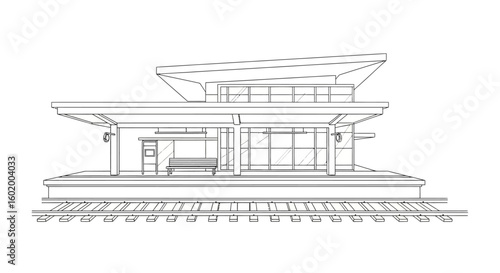 Minimalist architectural line drawing of a modern train station. Side elevation view of a public transportation platform and shelter.