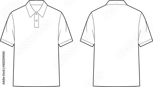 Cad drawing flat vector illustration, polo shirt front and back view, short sleeve technical sketch, fashion design apparel template