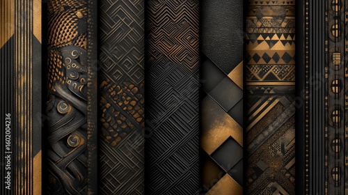 Decorative textured patterns in black and gold showcasing intricate designs and craftsmanship