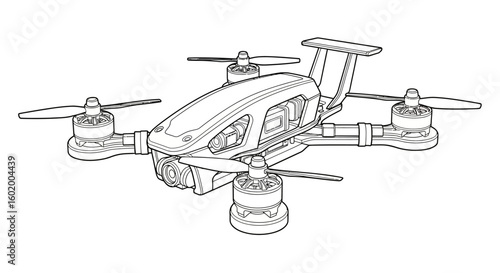 Modern quadcopter drone with camera, isolated vector line art illustration. Unmanned aerial vehicle for technology concepts.