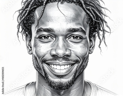 Detailed Pencil Drawing Portrait of a Smiling African American Man with Dreadlocks on White Background