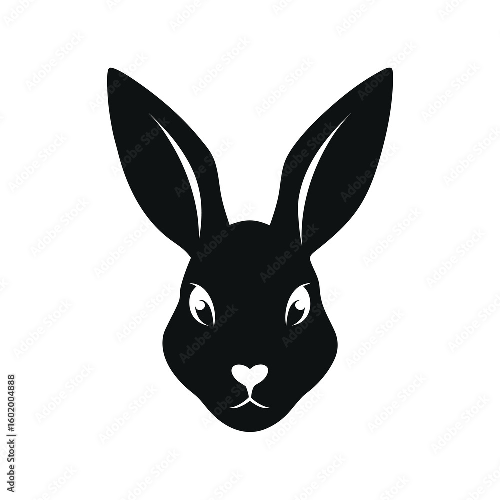 Fototapeta premium Silhouette of rabbit head with upright long ears on clean white background simple style