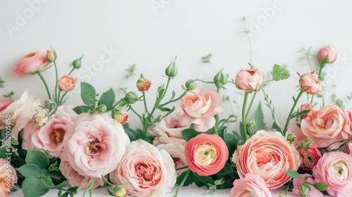 A close-up view of a beautiful arrangement of pale pink roses and ranunculus blossoms against a white backdrop.