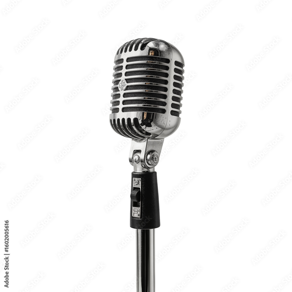 Fototapeta premium Classic chrome vintage microphone on a stand, isolated transparent background.