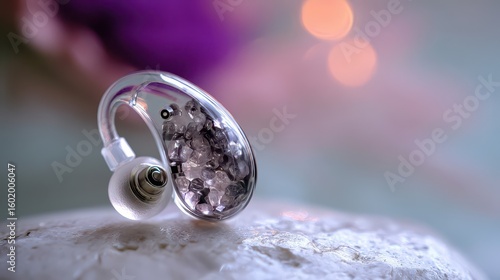 Close-up of a clear earbud with embedded stones.