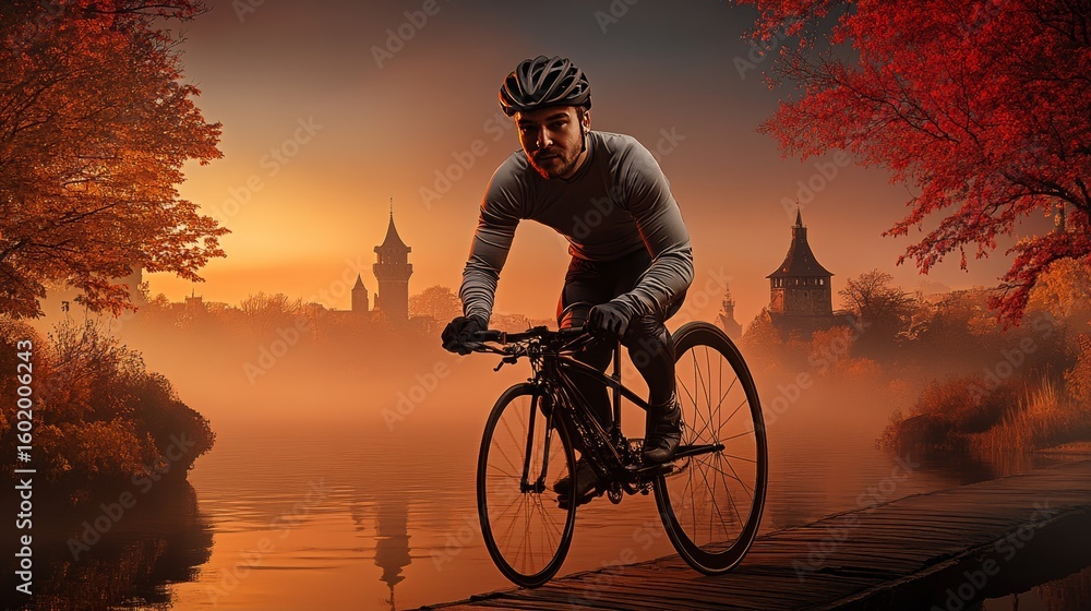 Obraz premium Cyclist riding along a misty lakeside path at sunset surrounded by autumn foliage and distant architecture