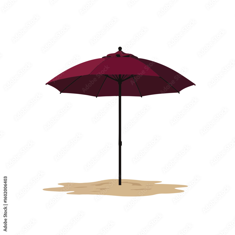 Fototapeta premium Elegant burgundy beach umbrella on sandy shore, summer relaxation