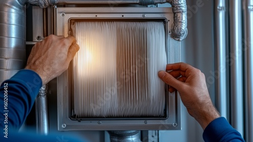 Hands replacing an air filter in a modern heating system during the daytime in a well-lit indoor environment