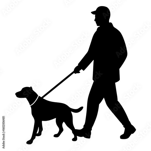 Man walking a dog on leash silhouette vector illustration