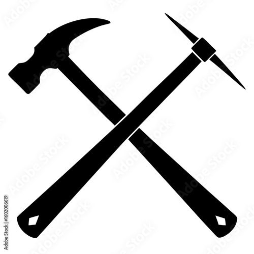 Hammer and pickaxe crossed construction equipment silhouette vector illustration