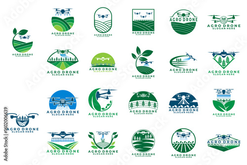 Set of Modern Agriculture with drone logo design vector template