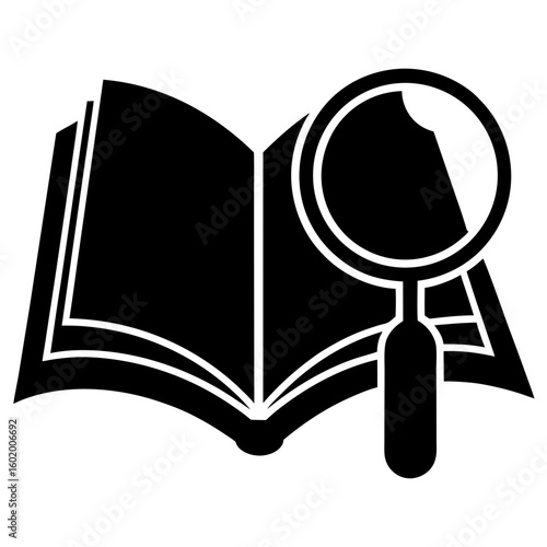 Open book magnifying glass education study silhouette vector illustration
