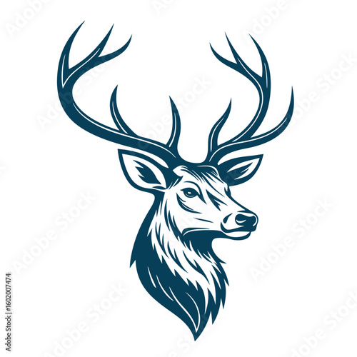 A minimalist deer iconic logo design Black and white illustration, deer head silhouette, majestic antlers, minimalist design, elegant profile, stylized wildlife art, sharp contrast, vector graphic	
