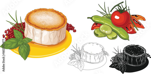 Goat cheese vector illustration with vegetables and herbs for menu design and food blog 100 characters