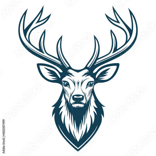 A minimalist deer iconic logo design Black and white illustration, deer head silhouette, majestic antlers, minimalist design, elegant profile, stylized wildlife art, sharp contrast, vector graphic	
