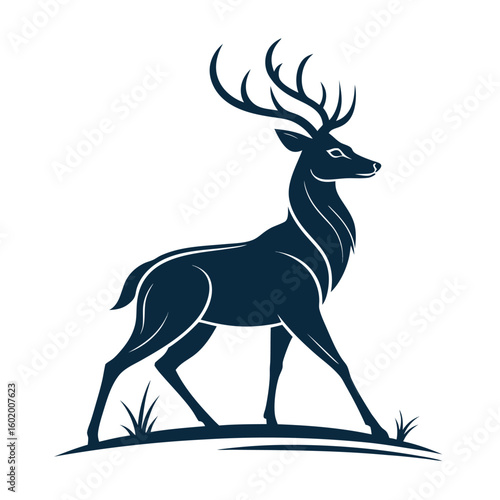 A minimalist deer iconic logo design Black and white illustration, deer head silhouette, majestic antlers, minimalist design, elegant profile, stylized wildlife art, sharp contrast, vector graphic	
