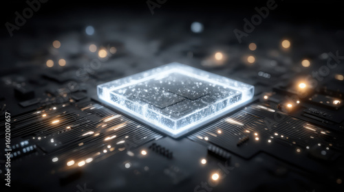 Exploring an advanced AI quantum processor with transparent chip and glowing neural layers in a dark tech landscape