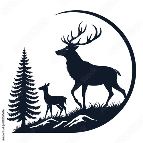 A minimalist deer iconic logo design Black and white illustration, deer head silhouette, majestic antlers, minimalist design, elegant profile, stylized wildlife art, sharp contrast, vector graphic	

