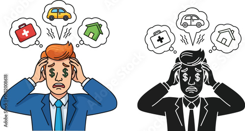 Financial stress and money worries concept illustration showing a man with dollar sign eyes