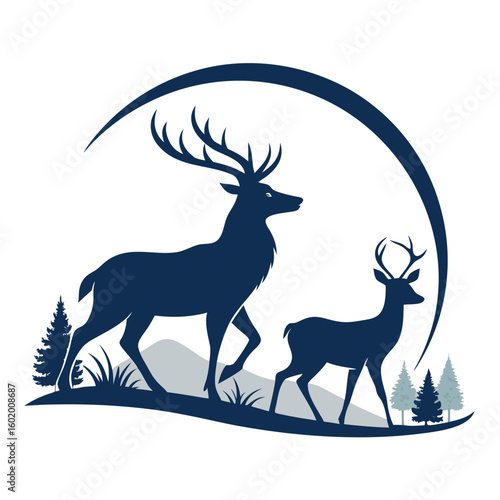 A minimalist deer iconic logo design Black and white illustration, deer head silhouette, majestic antlers, minimalist design, elegant profile, stylized wildlife art, sharp contrast, vector graphic	
