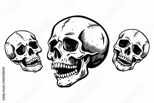 Three detailed black and white skulls with open mouths and visible teeth on a white background
