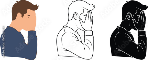 Man covering face vector illustration set for disappointment stress or sadness concept graphic design