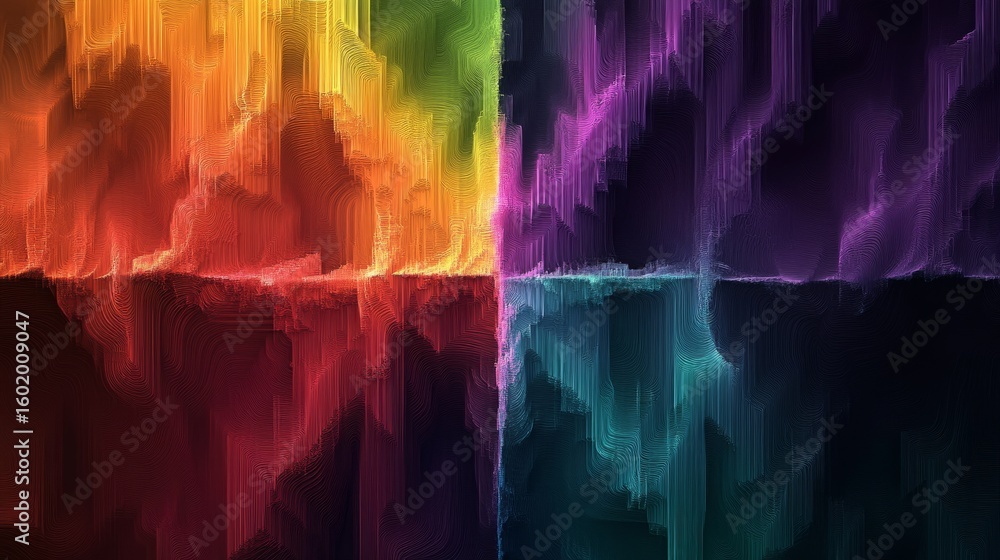 Fototapeta premium Vibrant abstract design showcasing a spectrum of colors divided into four quadrants with fluid textures and patterns