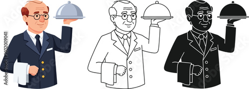 Waiter serving food illustration vector set for restaurant menu and service industry design
