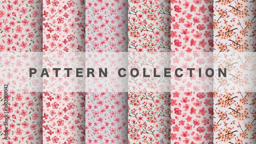 Cherry blossom in watercolor style, 6 pattern data sets

