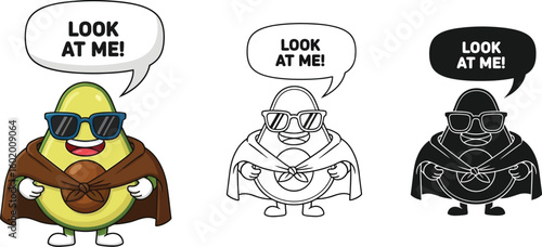 Avocado superhero cartoon character with sunglasses and cape illustration design vector graphic
