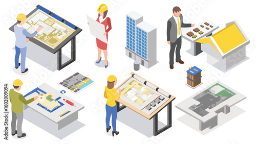 Isometric view of architects and engineers working on building designs and architectural models displayed