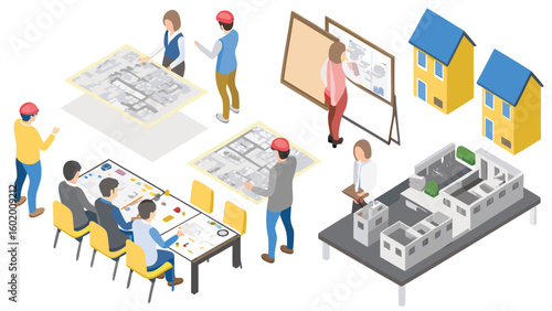 Isometric view showing architects discussing blueprints and models in a design meeting room setting