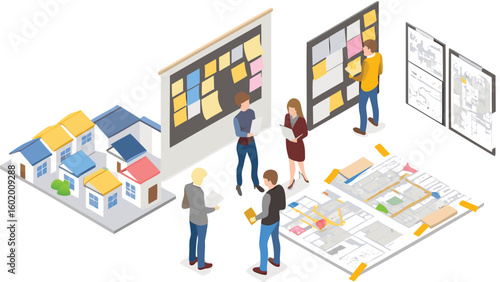 Illustration of a group collaborating on urban planning with houses and project boards present
