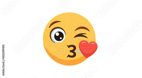 A yellow emoji with a winking eye and a heart being blown from the mouth on a black isolated background