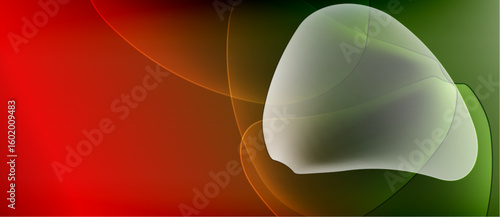 Abstract design features flowing shapes, vibrant red blends into green. White form dominates right side, creating visual interest.