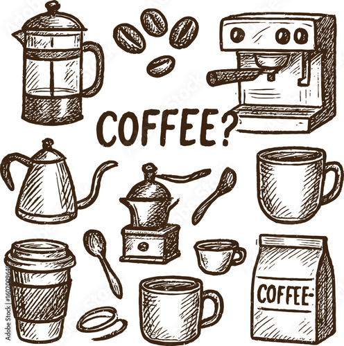 Hand Drawn Coffee Elements Set – Sketch Style Vector with Cups, Beans & Equipment