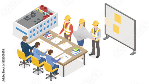 Isometric view of construction team reviewing blueprints at a table with a factory and whiteboard shown