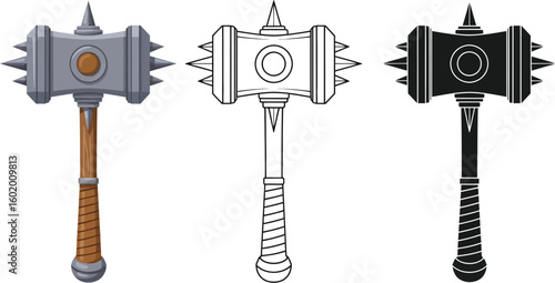 Mace weapon illustration set, medieval weapon, spiked mace, warrior weapon, fantasy battle hammer design