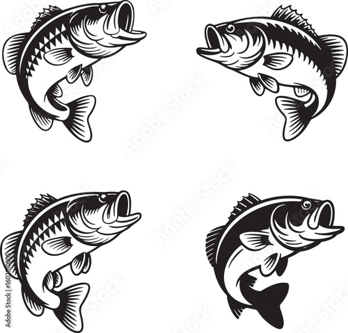 Set of Big bass fish silhouette vector illustration isolated On Transparent Background