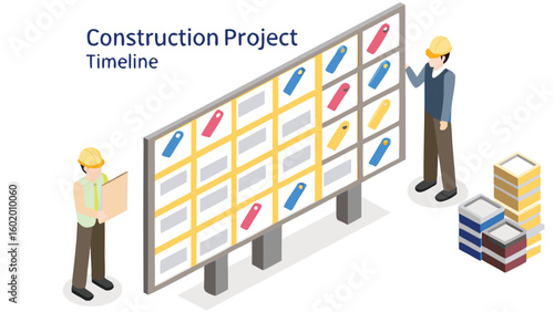 Isometric view of two construction workers planning a project timeline on a large grid with labels attached