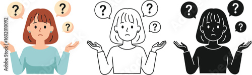 Confused woman asking questions with question marks and shrugging shoulders in vector illustrations