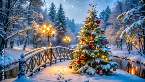 Fototapeta Naklejka Na Ścianę i Meble -  Decorated Christmas tree on snowy bridge with winter forest