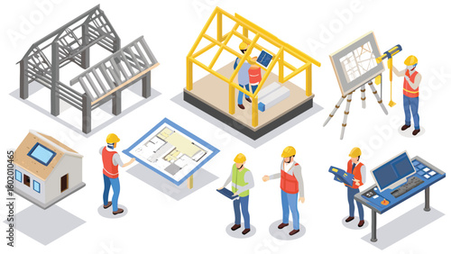Isometric view of construction workers inspecting blueprints and building house frames on a white background