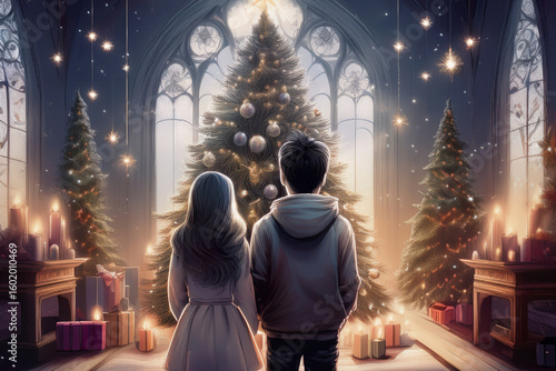 教会を訪れたカップル　クリスマスツリー